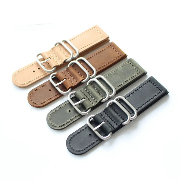 This is a vintage styled genuine calf leather 2 piece Leather Zulu strap Rolex or Tudor (20mm lugs), Panerai, Sinn, Omega (22mm) & Tudor black bay (24mm). Showing all 4 colors available in silver buckle
