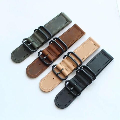 This is a vintage styled genuine calf leather 2 piece Leather Zulu strap Rolex or Tudor (20mm lugs), Panerai, Sinn, Omega (22mm) & Tudor black bay (24mm). Showing all 4 colors available in black buckle