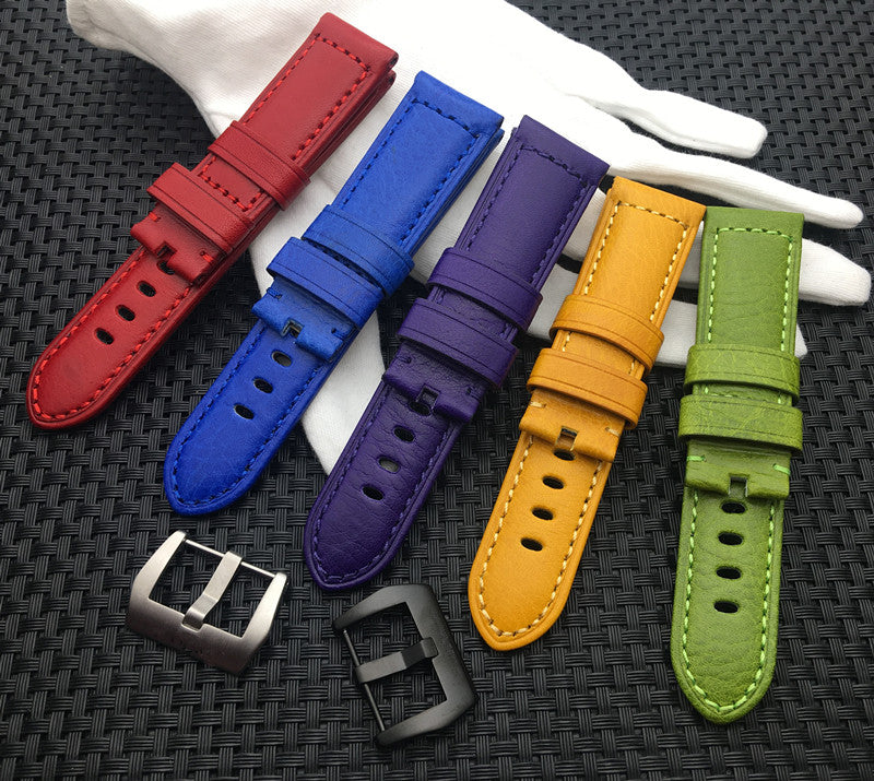24mm fashion coloured vintage strap for Panerai watches. Comes in 5 beautiful vibrant colors of red, blue, purple, yellow and green.  With an option to choose between silver or black buckle. This Panerai fashion coloured vintage strap has its natural texture in between the leather giving that bright color - Strapmeister