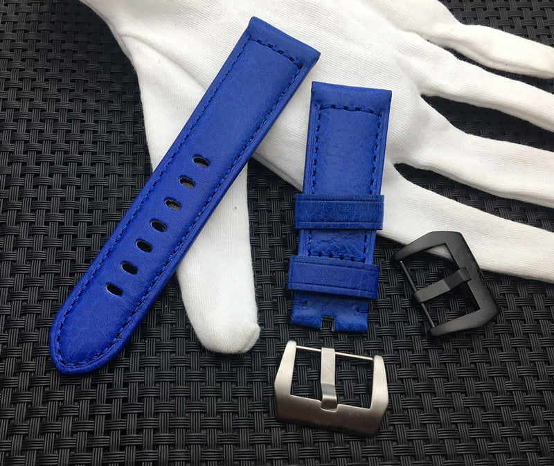 A Blue 24mm fashion coloured vintage strap for Panerai watches. With an option to choose between silver or black buckle. This Panerai fashion coloured vintage strap has its natural texture in between the leather giving that bright color - by Strapmeister