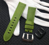 A Green 24mm fashion coloured vintage strap for Panerai watches. With an option to choose between silver or black buckle. This Panerai fashion coloured vintage strap has its natural texture in between the leather giving that bright color - by Strapmeister