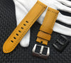 A Yellow 24mm fashion coloured vintage strap for Panerai watches. With an option to choose between silver or black buckle. This Panerai fashion coloured vintage strap has its natural texture in between the leather giving that bright color - by Strapmeister