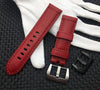 A Red 24mm fashion coloured vintage strap for Panerai watches. With an option to choose between silver or black buckle. This Panerai fashion coloured vintage strap has its natural texture in between the leather giving that bright color - by Strapmeister