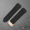 This is a 25/19mm black watch strap for hublot with rose gold replacement clasp. Made from quality silicone rubber and matched with a layer of suede calf leather. Sourced by Strapmeister