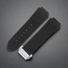 This is a 25/19mm black watch strap for hublot with silver replacement clasp. Made from quality silicone rubber and matched with a layer of suede calf leather. Sourced by Strapmeister