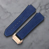 This is a 25/19mm blue watch strap for hublot with rose gold replacement clasp. Made from quality silicone rubber and matched with a layer of suede calf leather. Sourced by Strapmeister