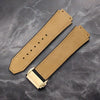 This is a 25/19mm khaki watch strap for hublot with gold replacement clasp. Made from quality silicone rubber and matched with a layer of suede calf leather. Sourced by Strapmeister