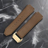 This is a 25/19mm brown watch strap for hublot with gold replacement clasp. Made from quality silicone rubber and matched with a layer of suede calf leather. Sourced by Strapmeister