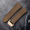 This is a 25/19mm brown watch strap for hublot with rose gold replacement clasp. Made from quality silicone rubber and matched with a layer of suede calf leather. Sourced by Strapmeister
