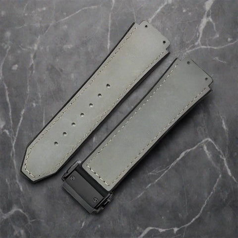 This is a 25/19mm grey watch strap for hublot with black replacement clasp. Made from quality silicone rubber and matched with a layer of suede calf leather. Sourced by Strapmeister