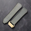 This is a 25/19mm grey watch strap for hublot with gold replacement clasp. Made from quality silicone rubber and matched with a layer of suede calf leather. Sourced by Strapmeister
