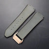 This is a 25/19mm grey watch strap for hublot with rose gold replacement clasp. Made from quality silicone rubber and matched with a layer of suede calf leather. Sourced by Strapmeister