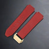 This is a 25/19mm watch strap for hublot in red color with gold clasp. Made from quality silicone rubber and matched with a layer of suede calf leather.