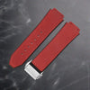 This is a 25/19mm watch strap for hublot in red color with silver clasp. Made from quality silicone rubber and matched with a layer of suede calf leather. Sourced by Strapmeister