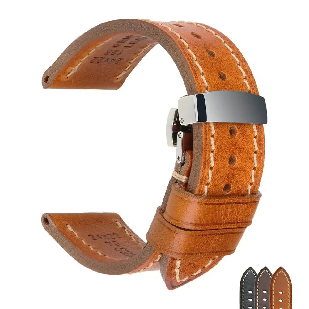Leather Watch Strap With Butterfly Clasp/Tang buckle - StrapMeister