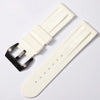 This is a White Panerai style submersible/diver rubber strap with polished black buckle. Good quality rubber strap for the price.