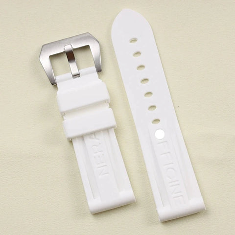 This is a White Panerai style submersible/diver rubber strap with matt silver buckle. Good quality rubber strap for the price.