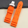 This is a Panerai Submersible replacement Rubber strap in orange with a silver clasp by StrapMeisterblack 