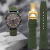 This is a Olive green Nylon Watch Strap with yellow gold  square clasp for IWC. This replacement strap brings a stylish and comfortable touch to your timepiece.  Sourced by Strapmeister