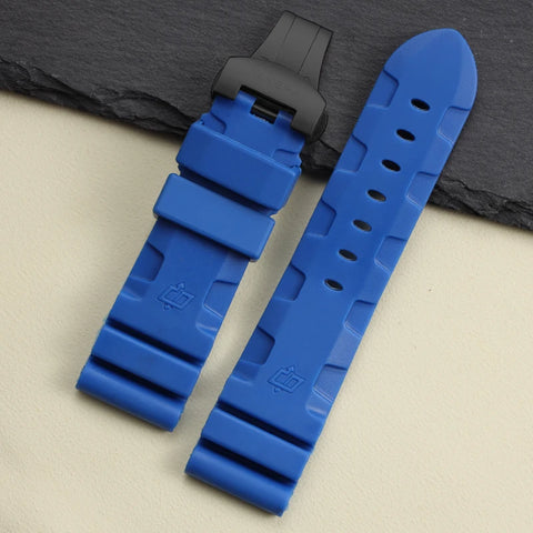 This is a Panerai Submersible replacement Rubber strap in blue with black clasp by StrapMeister