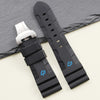 This is a Panerai Submersible replacement Rubber strap in black strap, blue logo and a silver clasp by StrapMeister