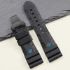 This is a Panerai Submersible replacement Rubber strap in black strap, blue logo and a black clasp by StrapMeister