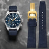 This is a Navy blue Nylon Watch Strap with yellow gold square clasp for IWC. This replacement strap brings a stylish and comfortable touch to your timepiece.  Sourced by Strapmeister