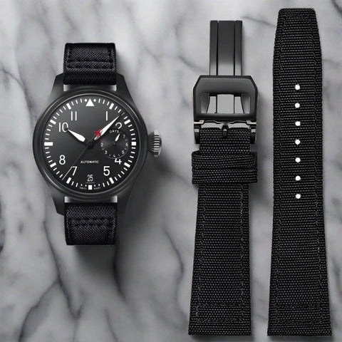This is a Black Nylon Watch Strap with black square clasp for IWC. This replacement strap brings a stylish and comfortable touch to your timepiece.  Sourced by Strapmeister