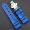 This is a Panerai Submersible replacement Rubber strap in blue with silver clasp underside view by StrapMeister