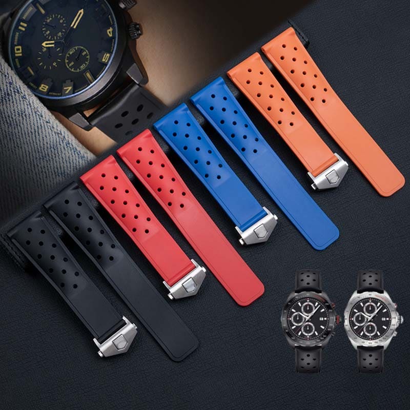 Tag Heuer Rubber Straps with black or silver clasp. Available in 4 straps colors, black, blue, red and orange.
