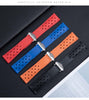 Tag Heuer Rubber Straps with silver clasp. Available in 4 straps colors, black, blue, red and orange. Also available with black clasp and an option to order without a clasp.