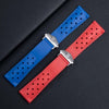 Tag Heuer Rubber Straps with silver clasp. Showing 2 strap colors, blue and red.  