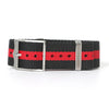 Tudor Black Bay Nato straps in black-red stripes. Lugs width is 22mm. Strap length is 27cm. Buckle color is silver.