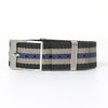 Tudor Black Bay Nato straps in black-grey-blue stripes. Lugs width is 22mm. Strap length is 27cm. Buckle color is silver.