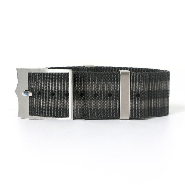 Tudor Black Bay Nato straps in black-grey stripes. Lugs width is 22mm. Strap length is 27cm. Buckle color is silver.