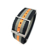 Tudor Black Bay Nato straps in black-grey-orange stripes. Lugs width is 22mm. Strap length is 27cm. Buckle color is silver.