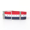 Tudor Black Bay Nato straps in blue-white-red stripe. Lugs width is 22mm. Strap length is 27cm. Buckle color is silver.