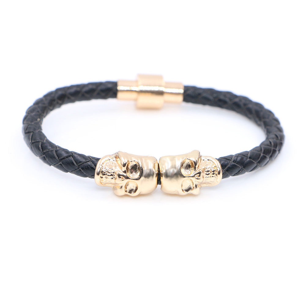 Twin Skull black leather Bracelets - StrapMeister