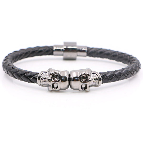 Twin Skull black leather Bracelets - StrapMeister