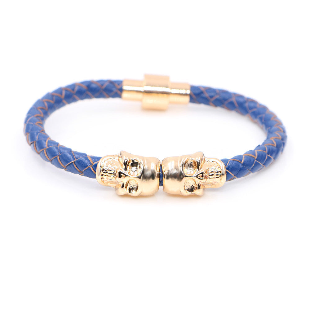 Twin Skull blue leather bracelets - StrapMeister