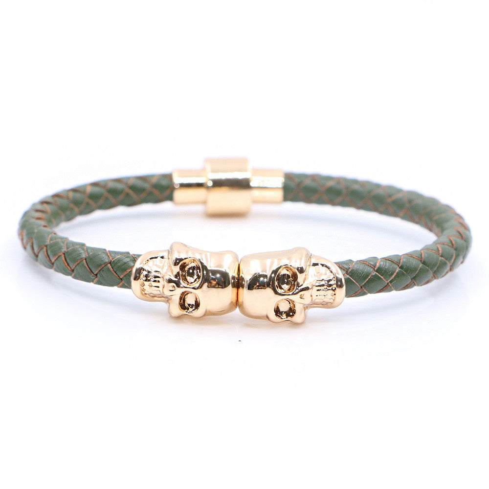 Twin Skull green leather Bracelets - StrapMeister