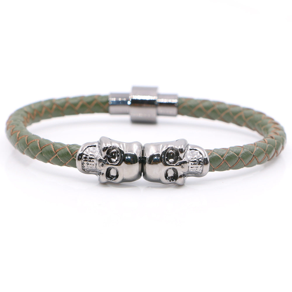 Twin Skull green leather Bracelets - StrapMeister