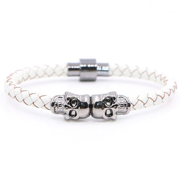 Twin Skull white leather bracelets - StrapMeister