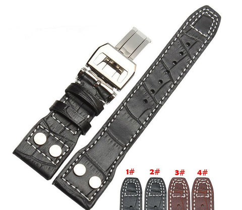 22mm Black Leather Rivet Strap Deployment For IWC - StrapMeister