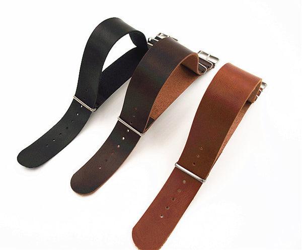Synthetic Leather NATO Straps in 3 different colors, black, brown and coffee with silver buckle - StrapMeister