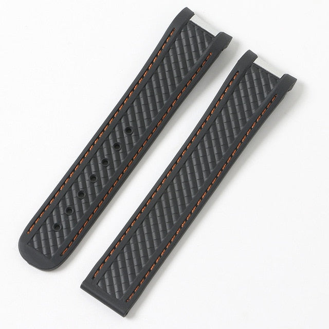 Black strap, orange stitch without clasp nor buckle Omega Aqua terra rubber strap - StrapMeister